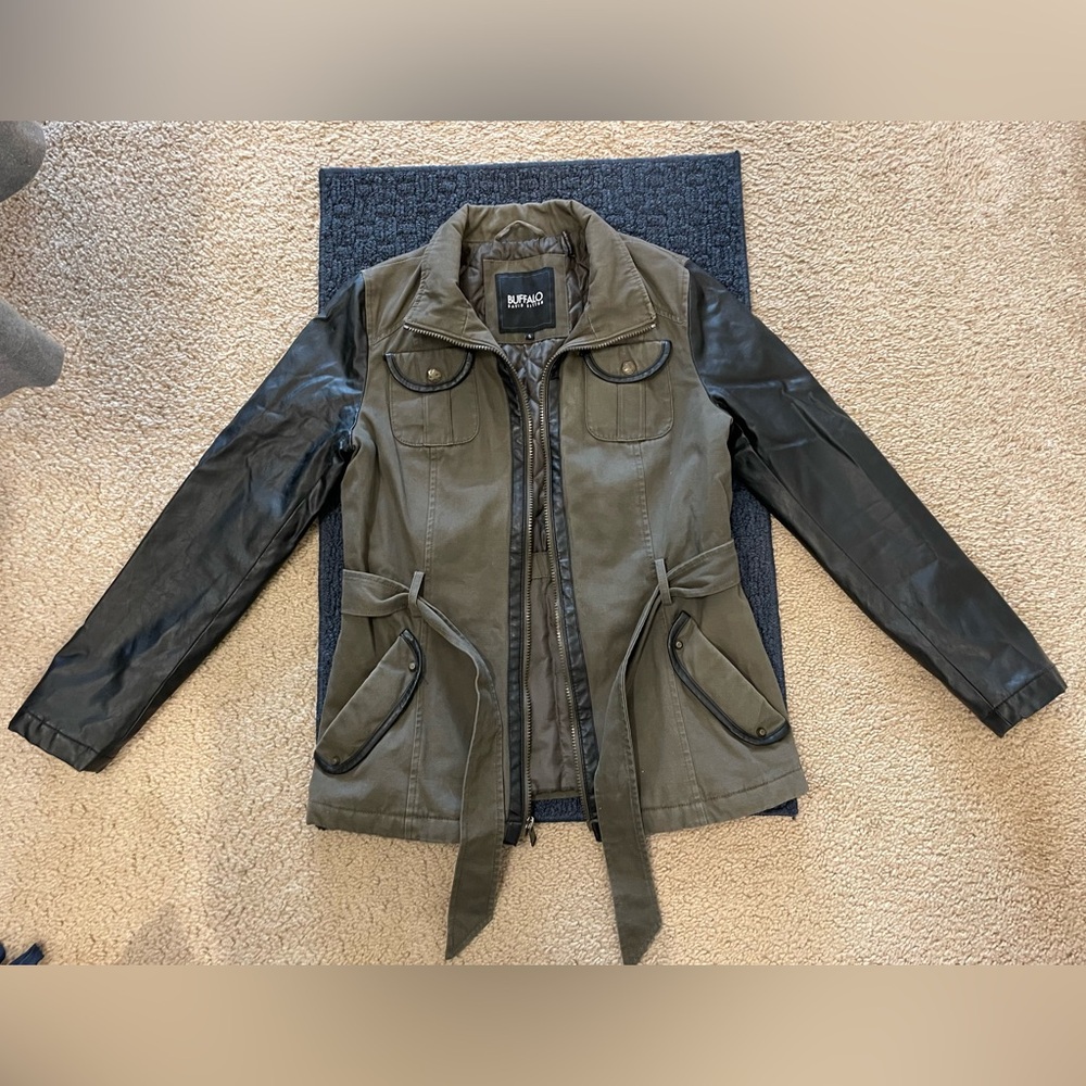 Buffalo David Britton Faux Leather Jacket. Tie at waist.